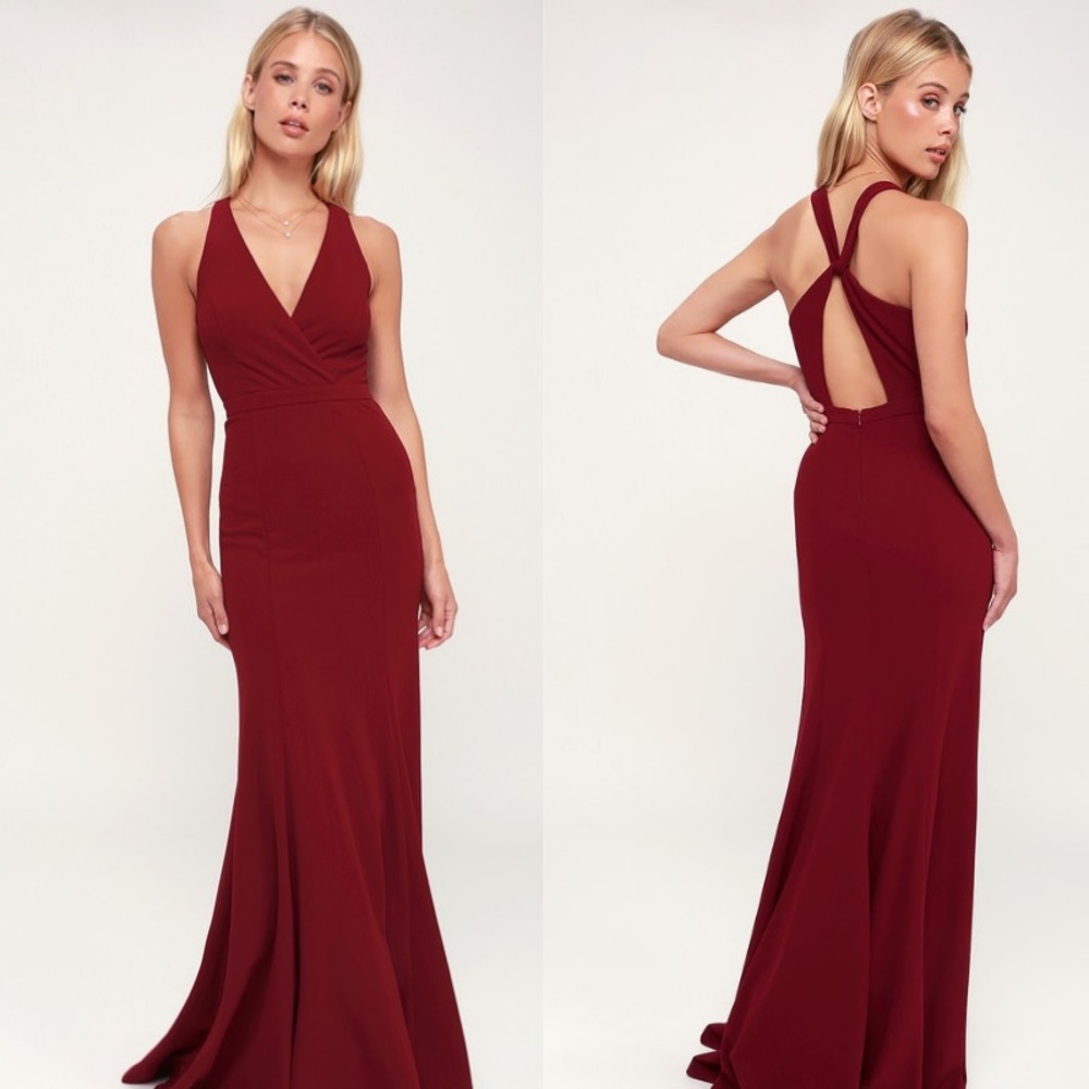 LULU’S Always Be in Love Wine Red Twist-Back Dress